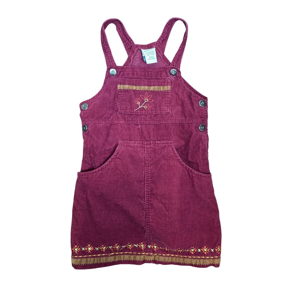 Faded Glory Girls Maroon Corduroy Jumper Dress Embroidered Floral Size 6/6X